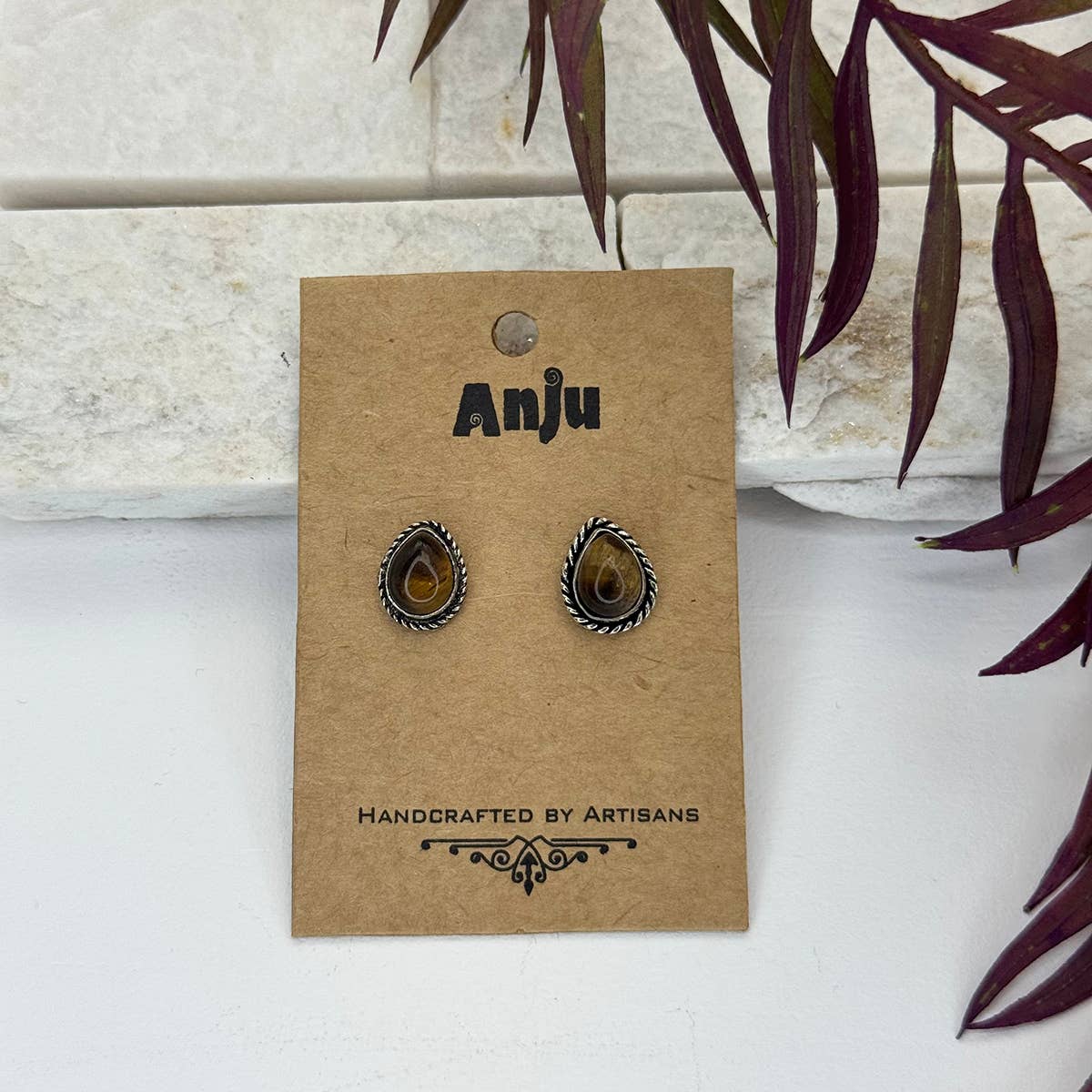 Handcrafted Kashi Semiprecious Stone Post Earrings -Tigereye