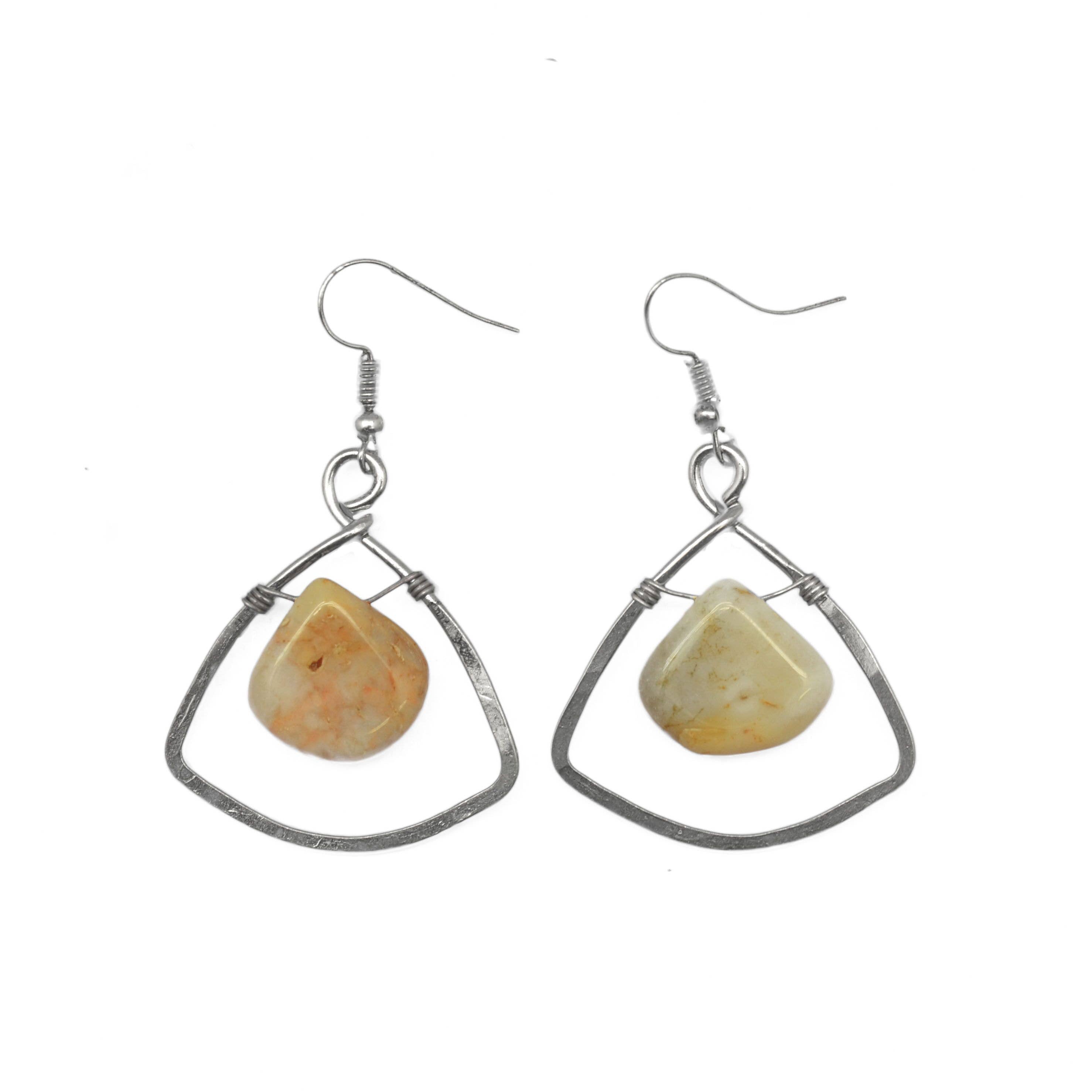 Banjara Hammered Silver Triangle Agate Earrings