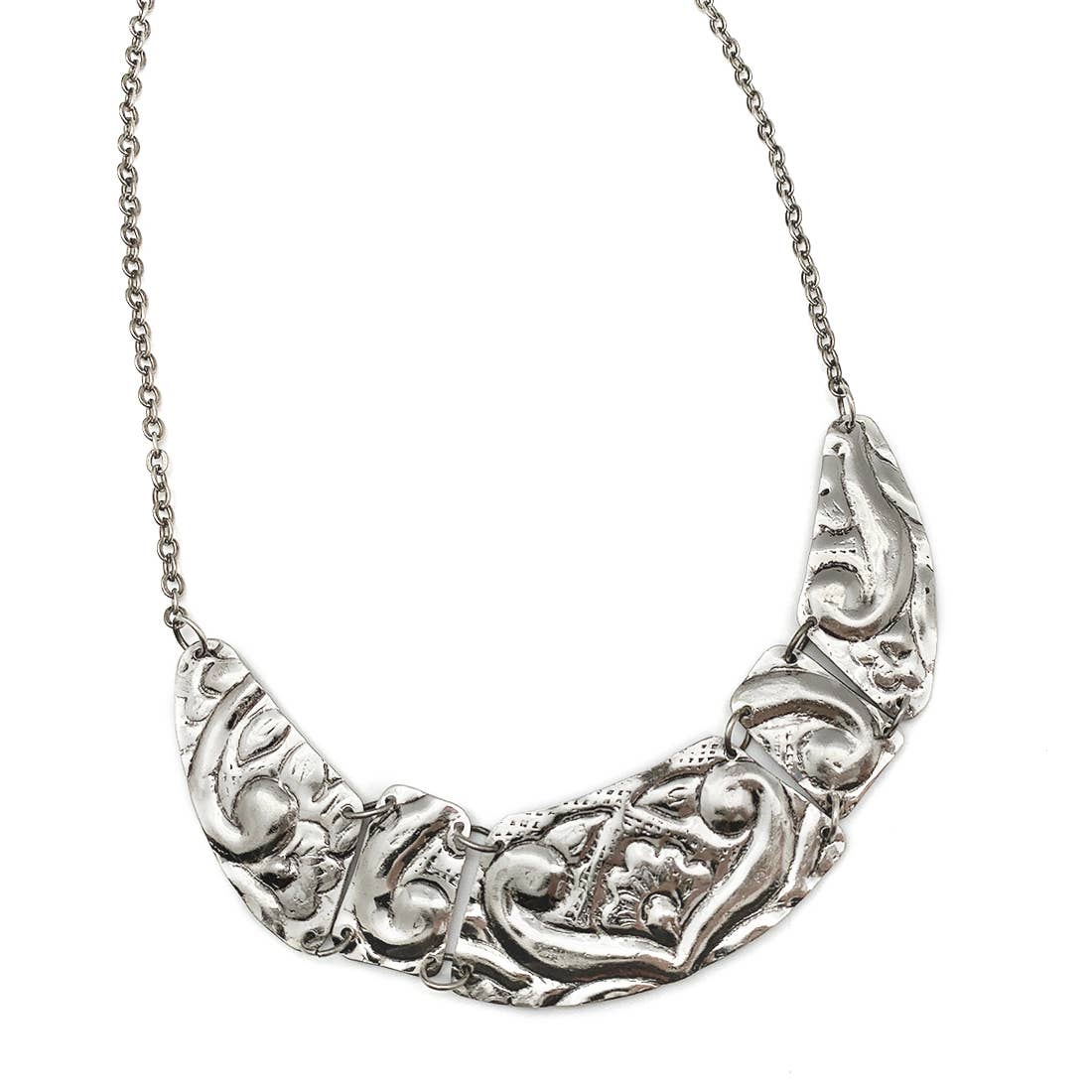 Kashi Antique Silver Embossed Necklace - Floral Bib
