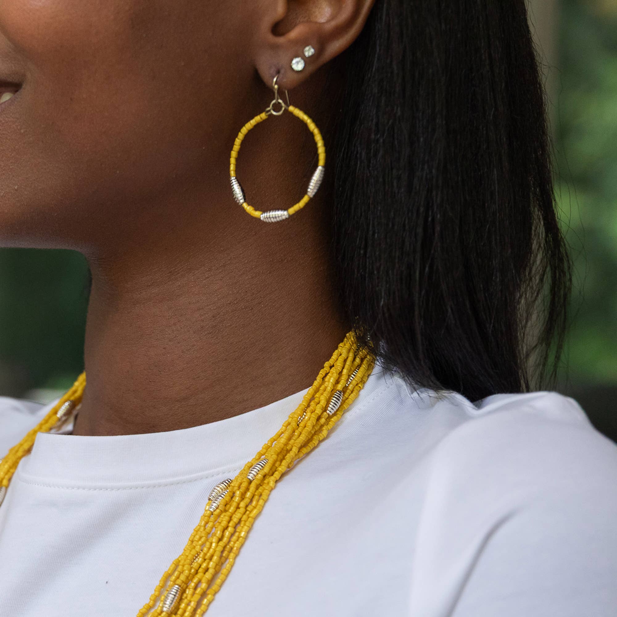 Seed Bead Hoop Earrings - Yellow