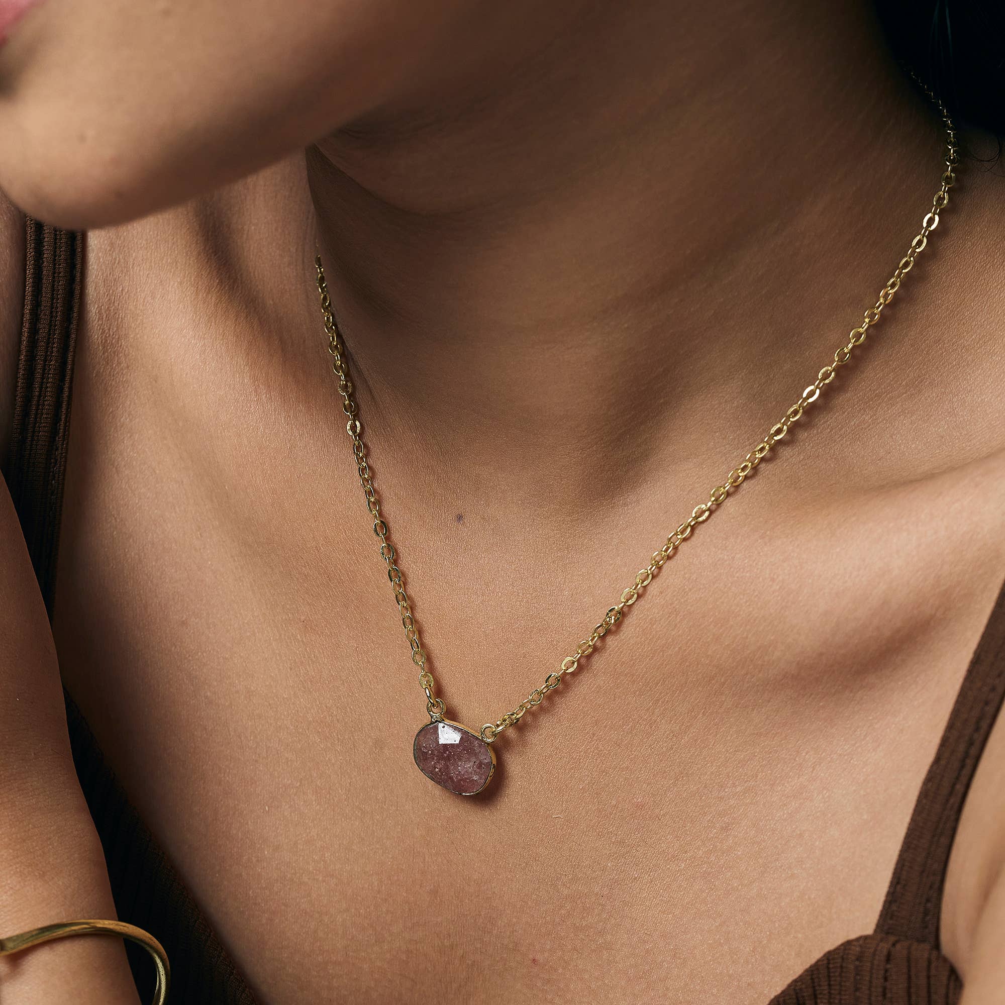 GoldPlated Necklace with SemiPreciousStone Strawberry Quartz