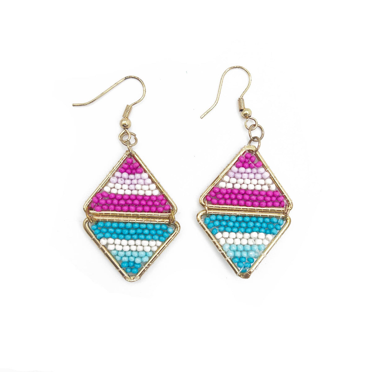 Seed Bead Layered Triangles Earrings - Pink and Blue