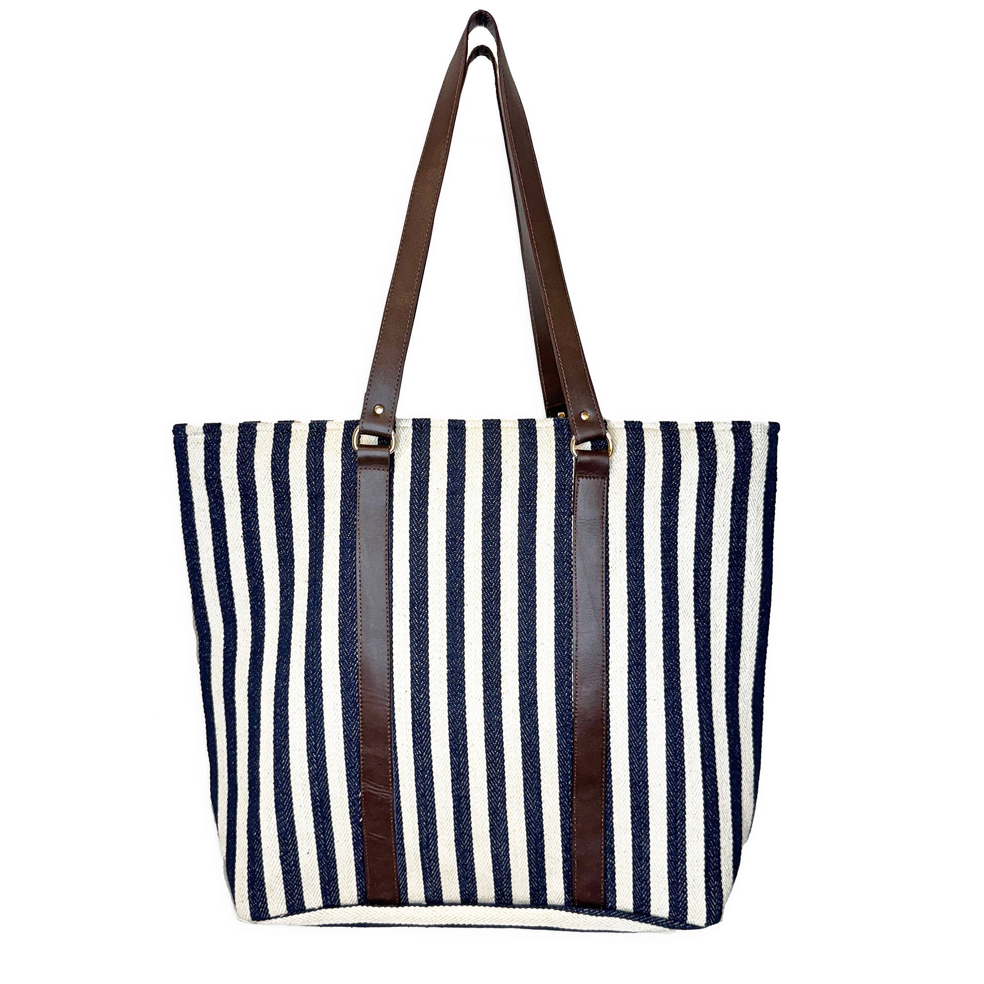 Malibu Tote - Navy and White Tote with Leather Handles