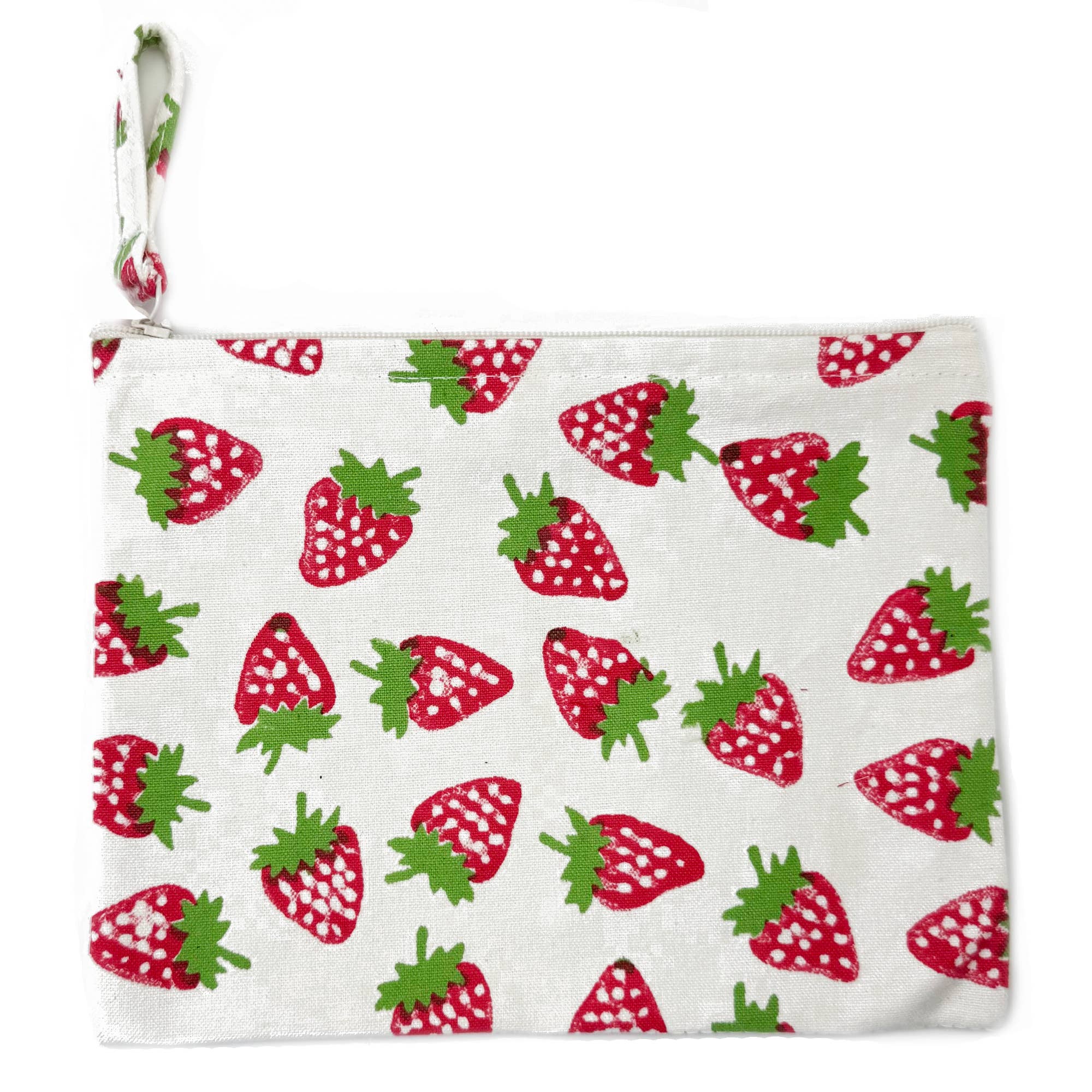 Handcrafted Canvas Pouch with Block-Printed Strawberries