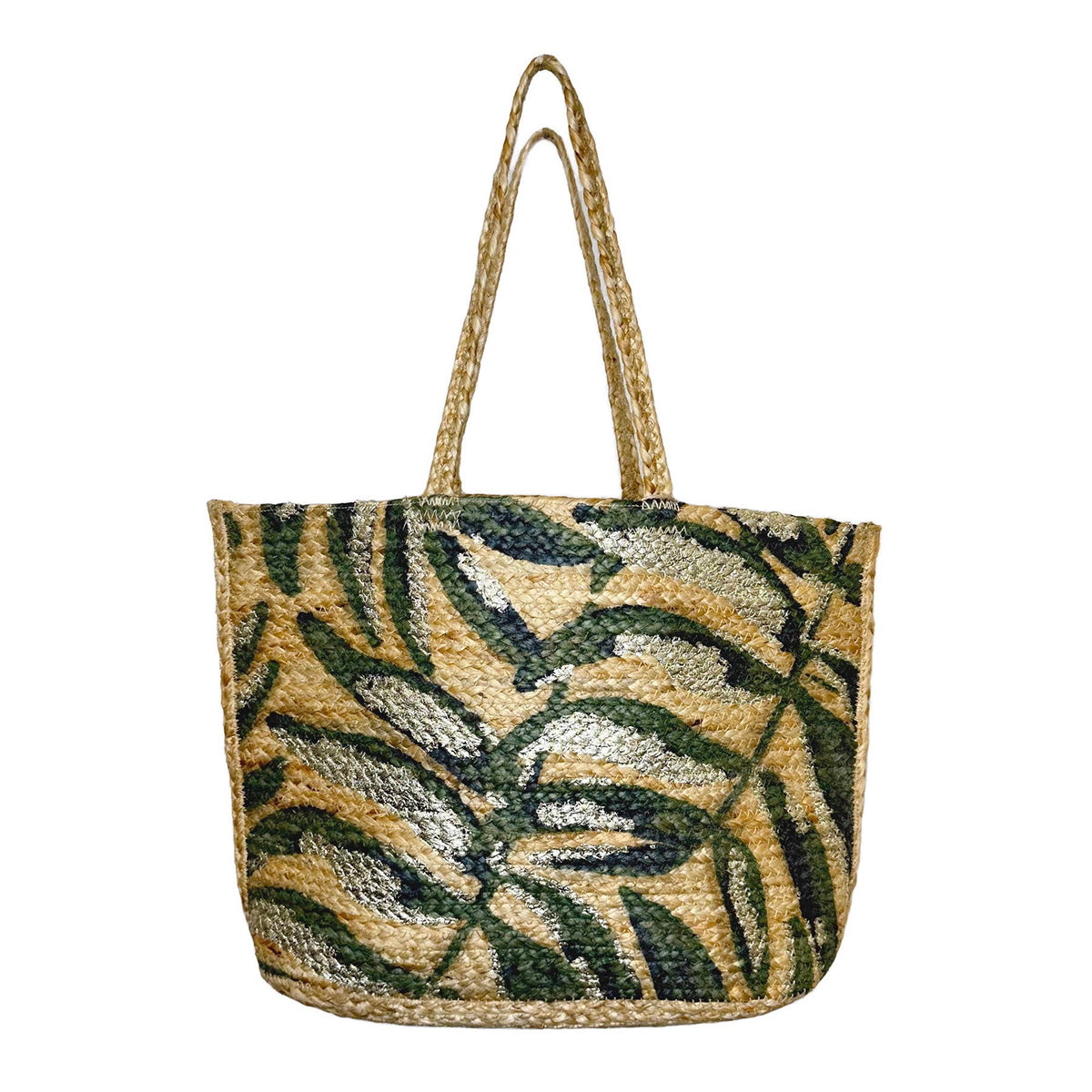 Capri Jute Bag with Tropical Prints - Green Palm Leaf