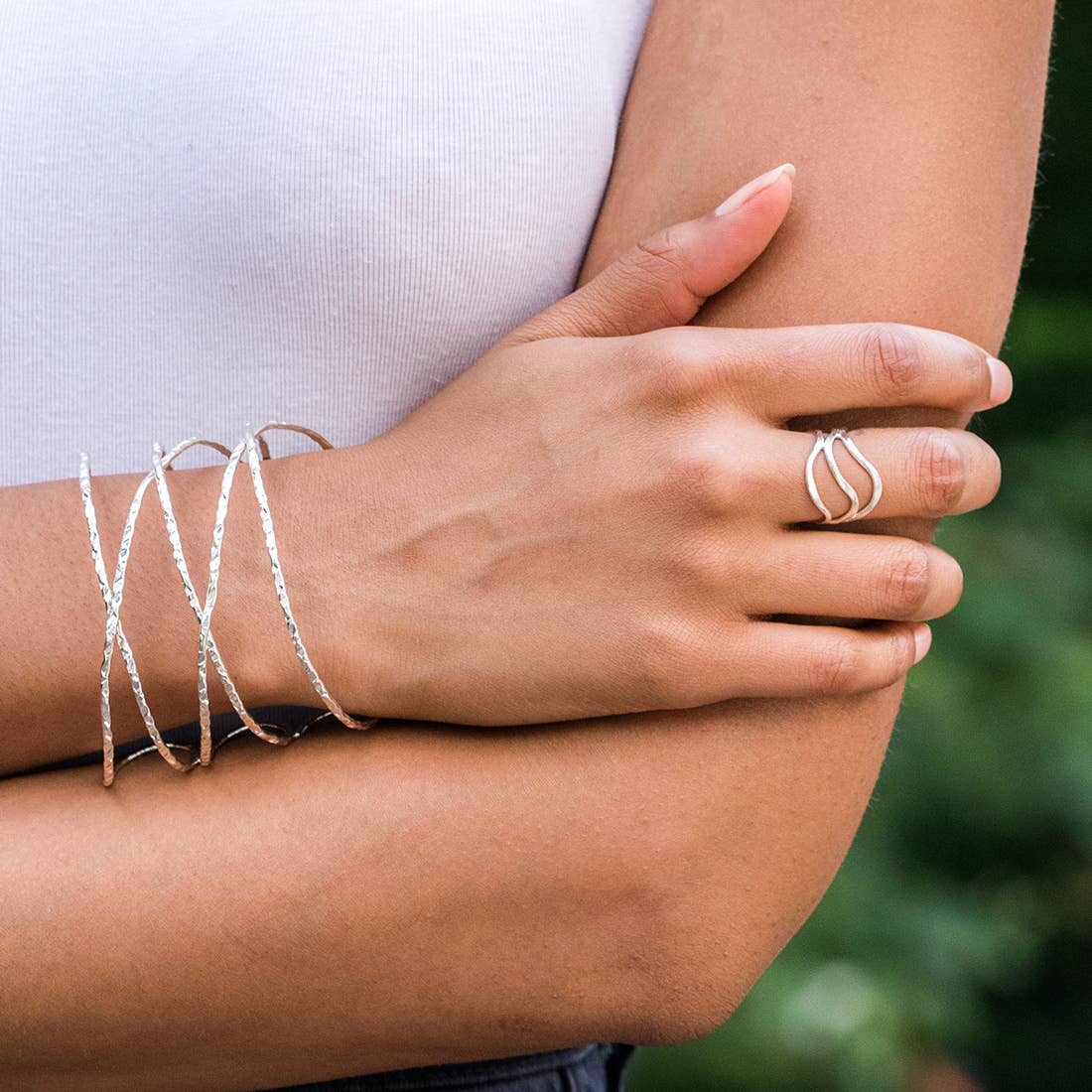 Silver Plated Adjustable Ring - Tapered Curved Lines