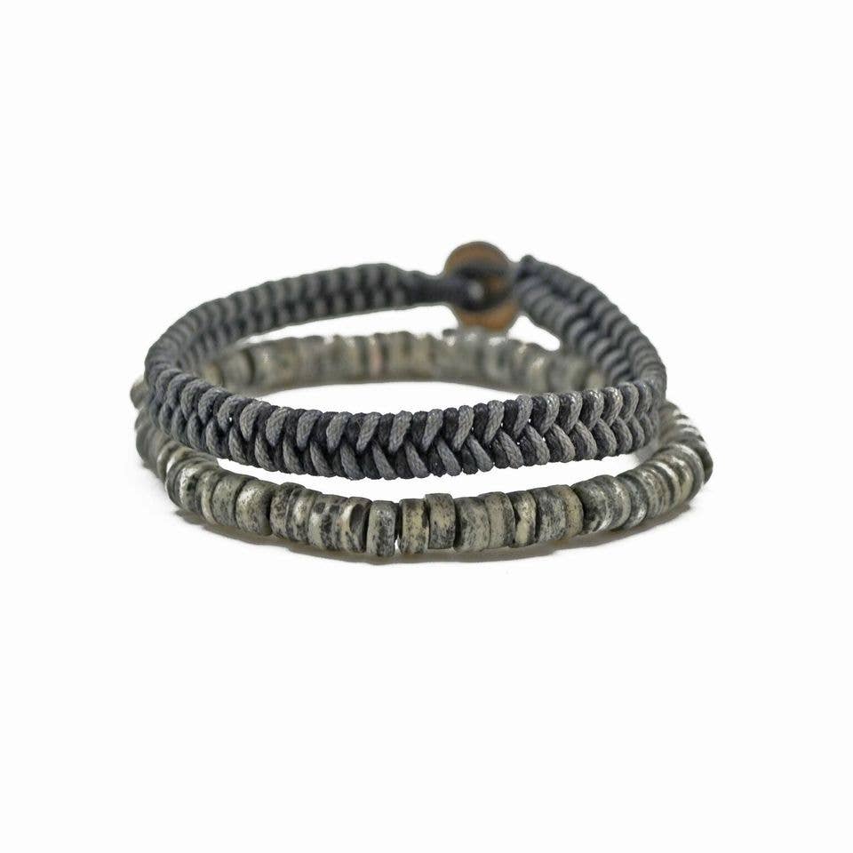 Aadi Green Disc Beads and Braided Cord Men's Bracelet Set