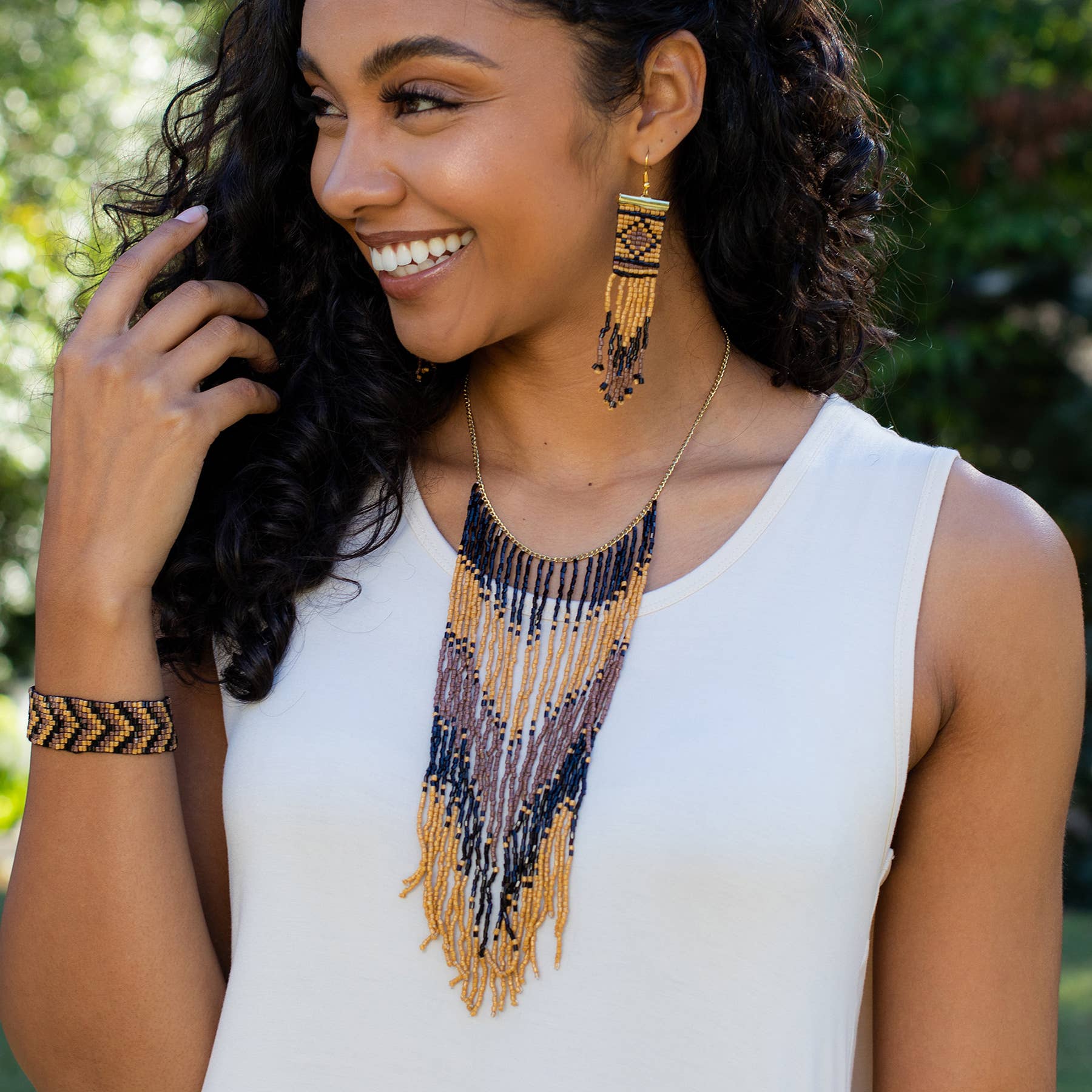 Sachi Beaded Safari Necklace - Striped Long Fringe Bib