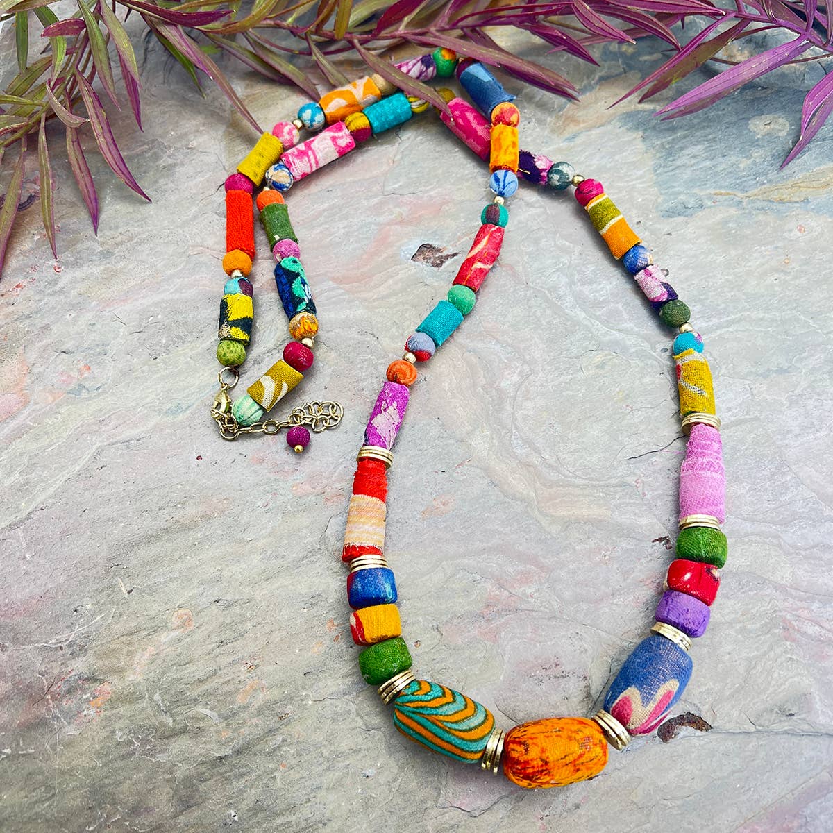 Aasha Oval Beaded Kantha Handcrafted Necklace