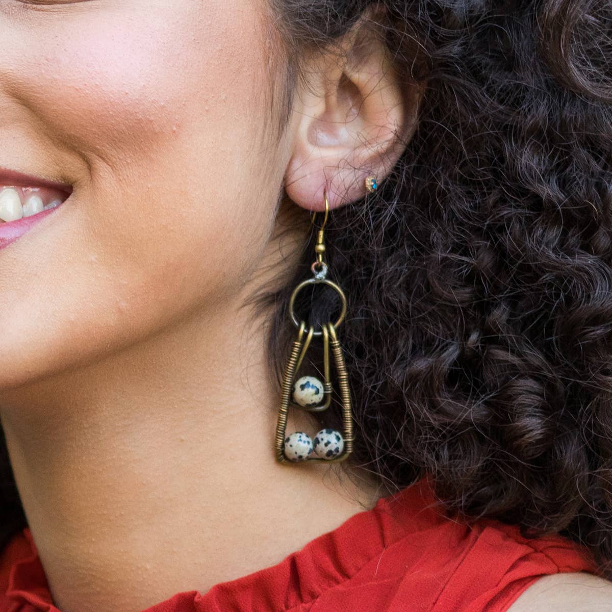 Wire-Wrapped Stone Earrings - Antique Brass Dalmatian Jasper