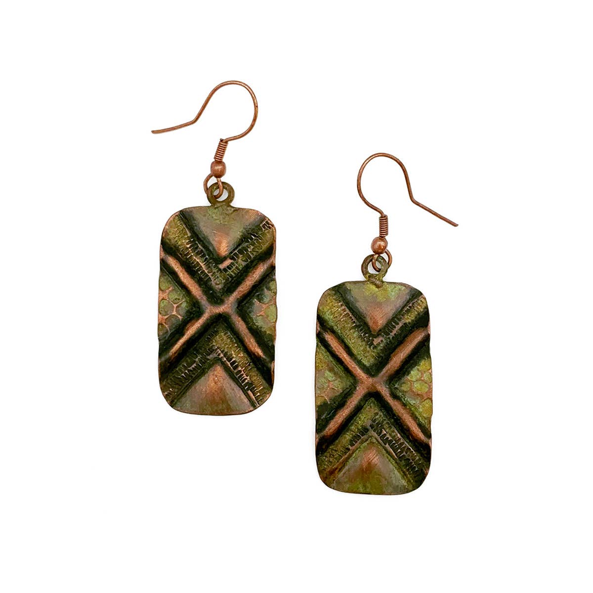 Copper Patina Earrings - Light Green Lines and Rivets