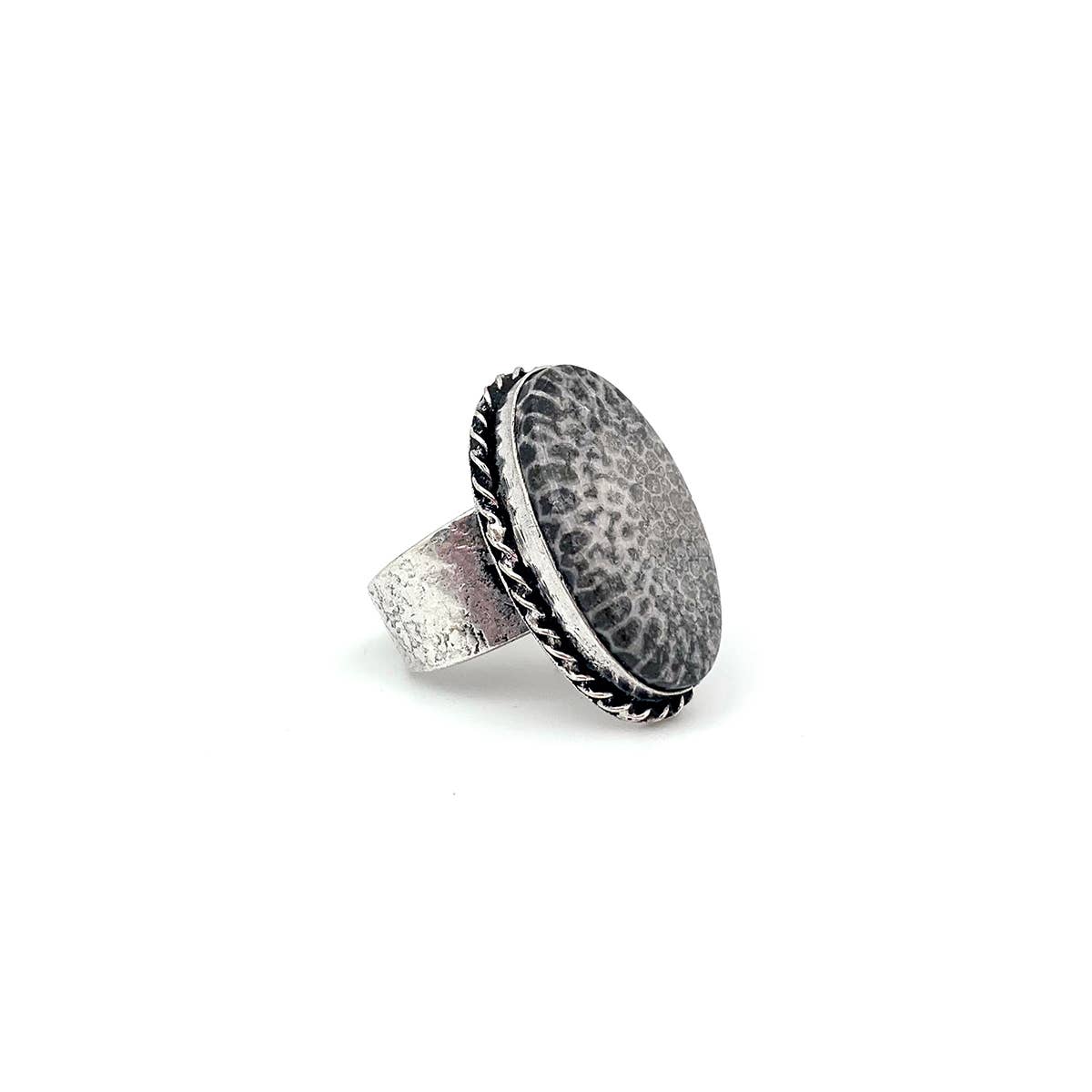 Handcrafted Semiprecious Stone Ring -Black Fossil Coral