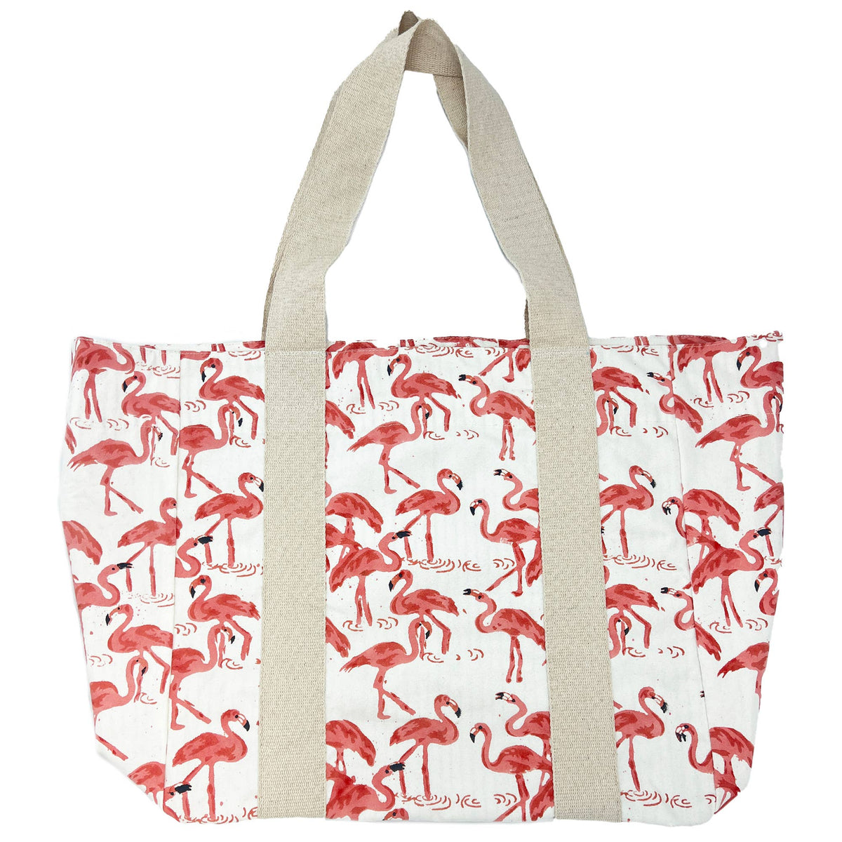 Handcrafted Canvas Bag with Block-Printed  Pink Flamingo