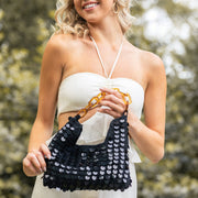 Mia Cotton Purse With Sequins and Chain Handle - Black