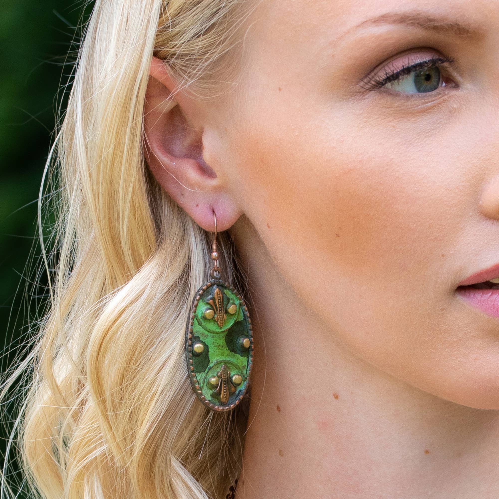 Copper Patina Earrings - Mirrored Filigree in Green Ovals