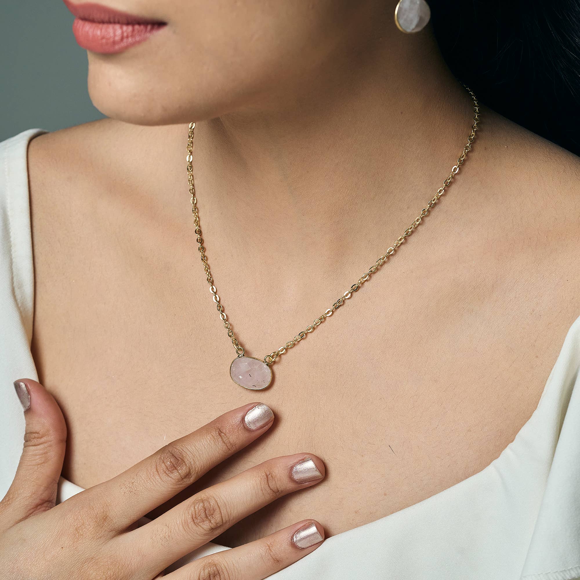 Gold Plated Necklace with Semi-Precious Stone - Rose Quartz