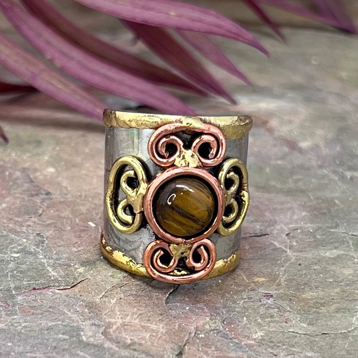 Mixed Metal Cuff Ring with Single Stone - Tiger-eye