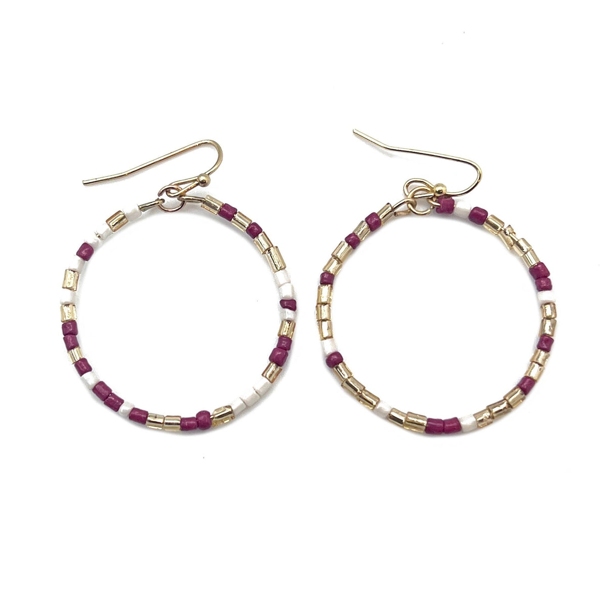 Seed Bead Hoop Earrings - Burgundy and White