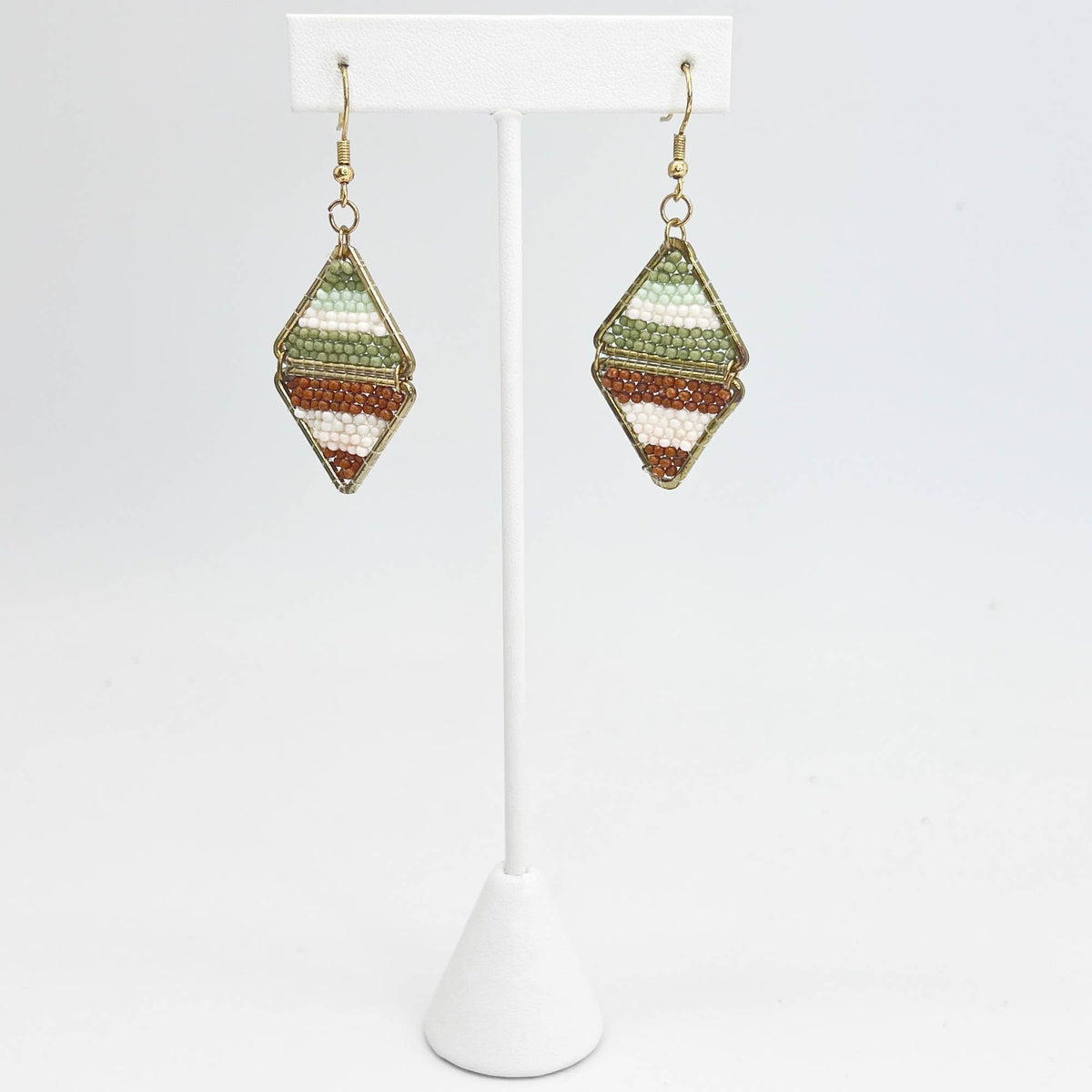 Seed Bead Layered Triangles Earrings - Green and Brown