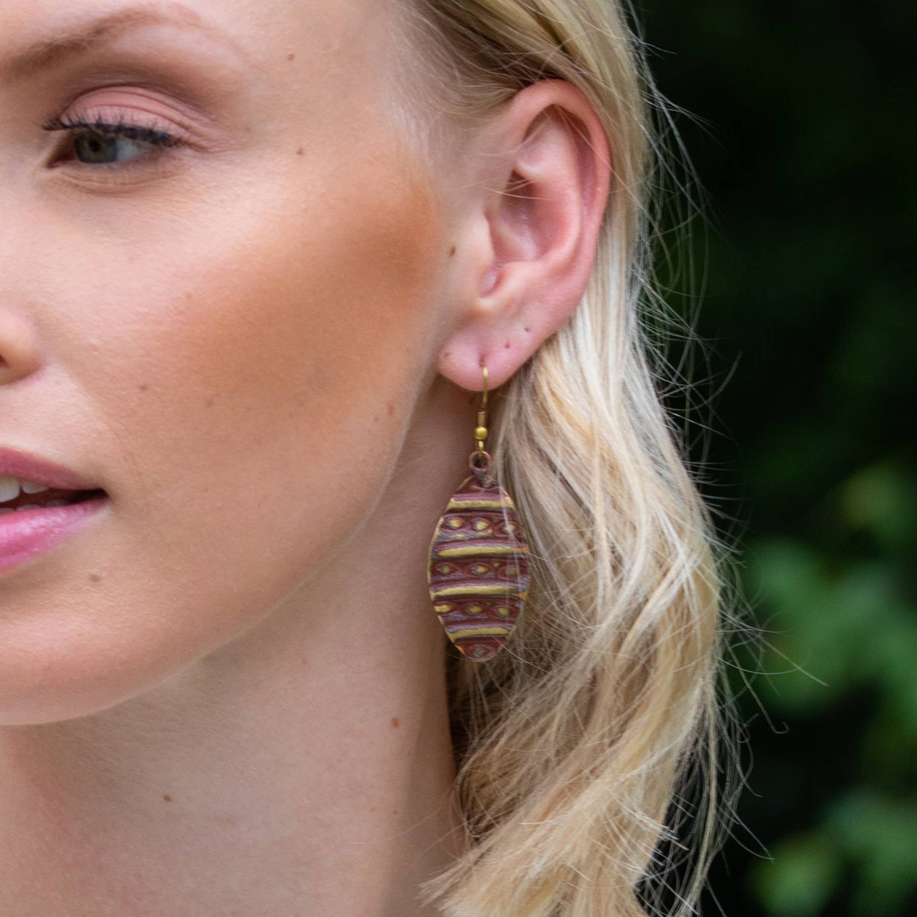 Brass Patina Earrings - Warm Red with Dots and Lines