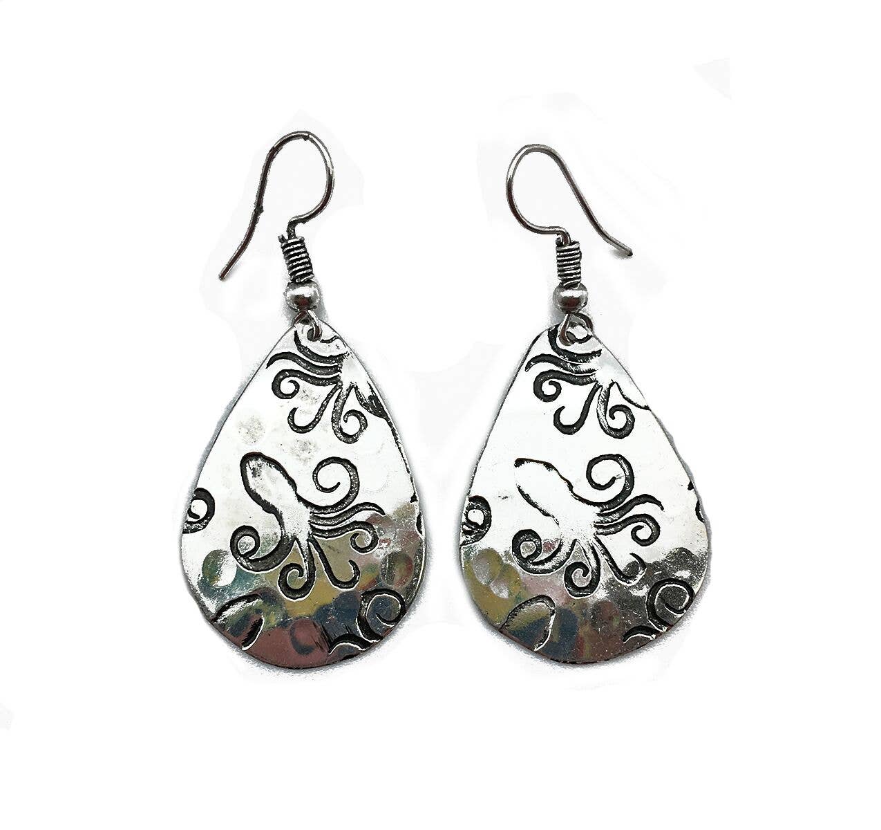 Octopus Silver Engraved Earrings