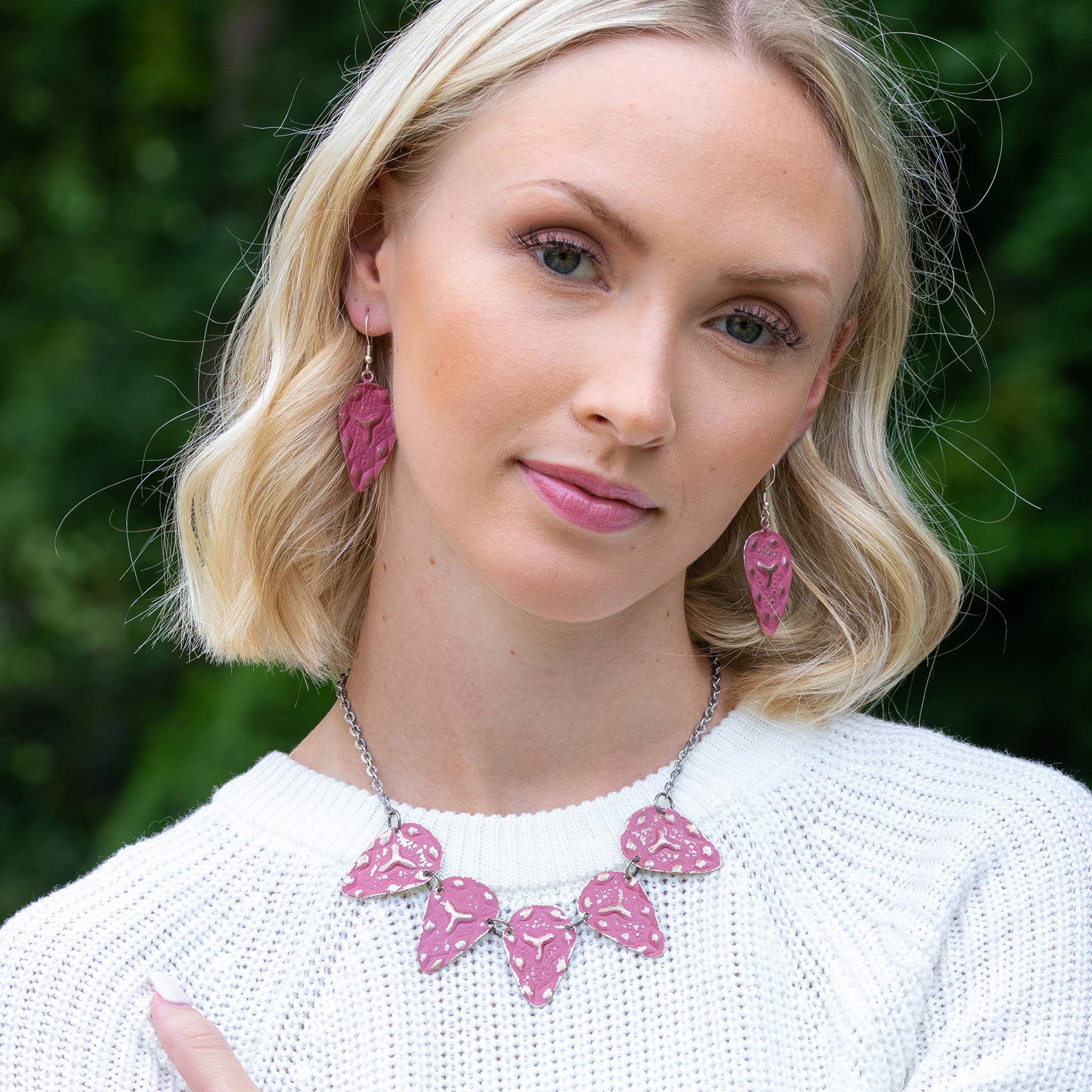 Silver Patina Necklace - Five Pink Teardrops