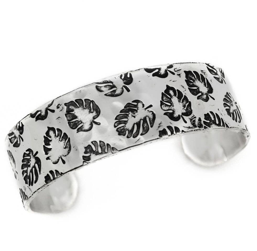 Monstera Leaves Silver Engraved Cuff Bracelet
