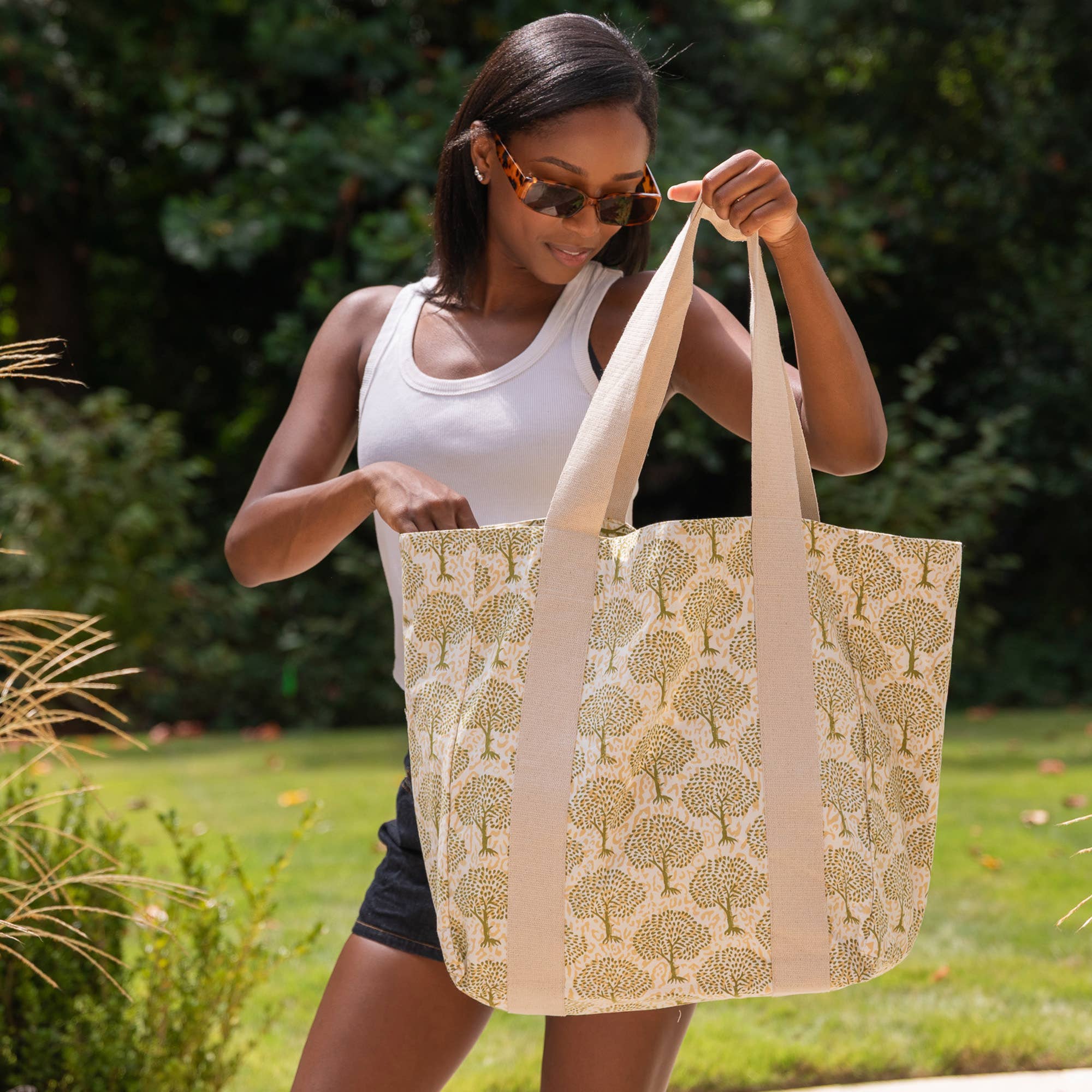 Handcrafted Canvas Bag with Block-Printed Trees