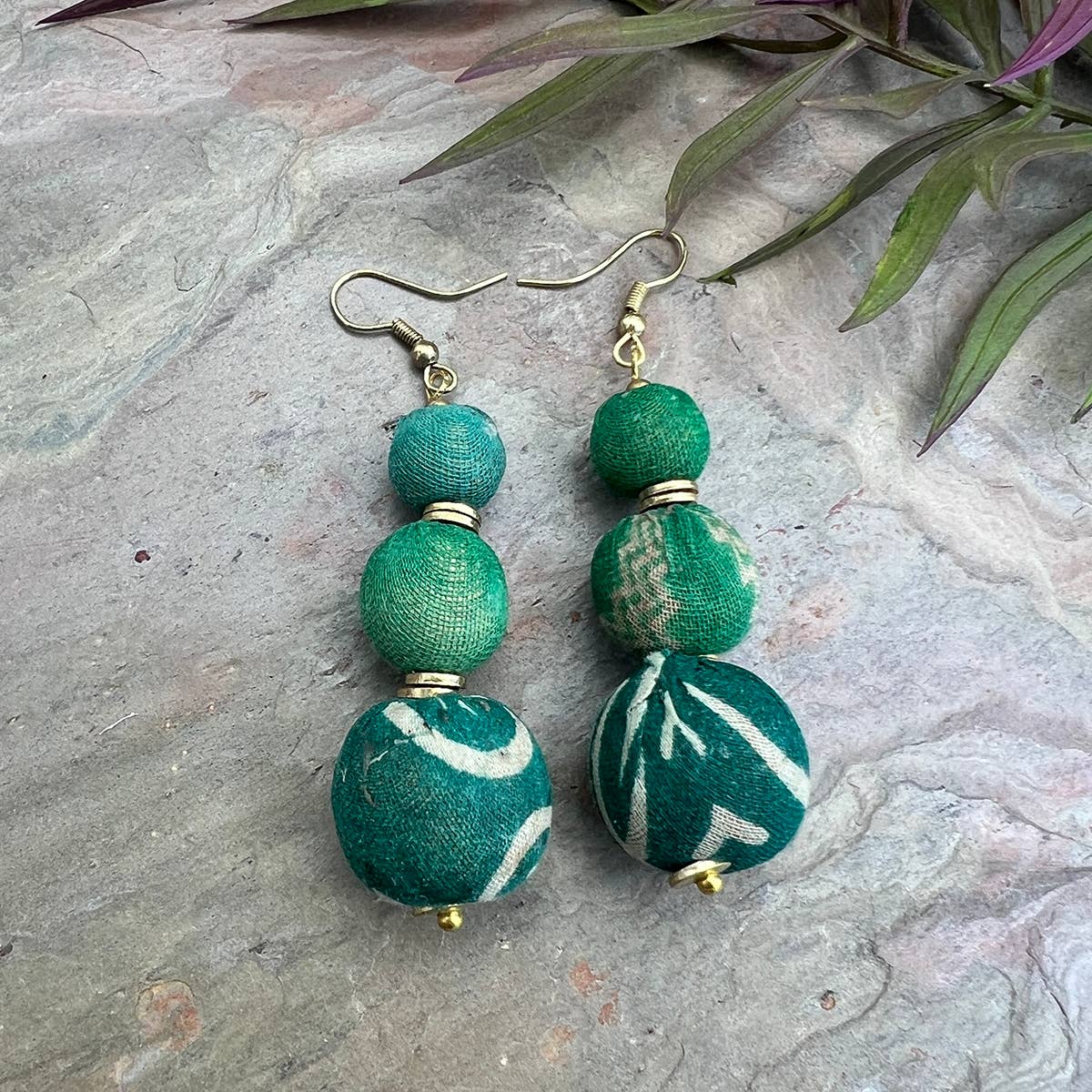Aasha Trio Seagrass Big Beaded Kantha Handcrafted Earrings