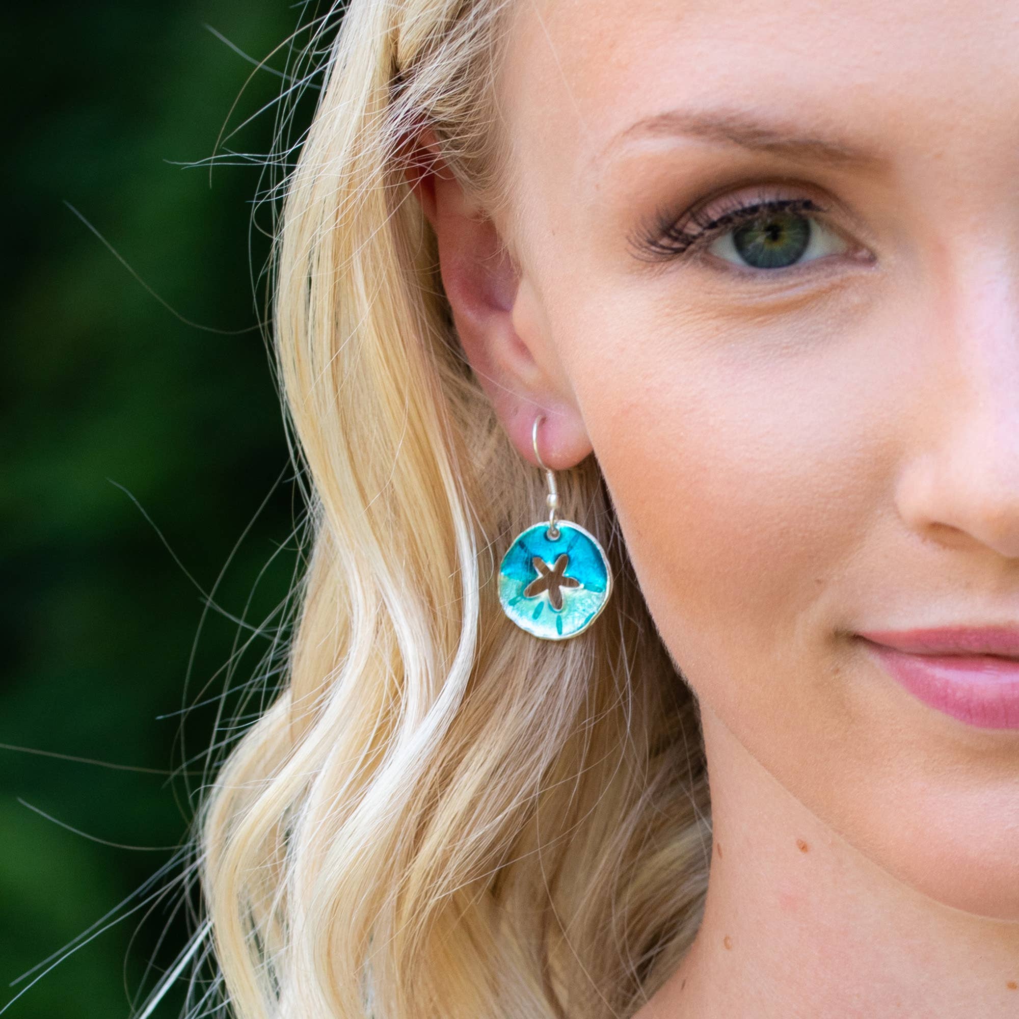 Pewter Earrings with Color Enamel - Teal/Aqua Sand Dollar