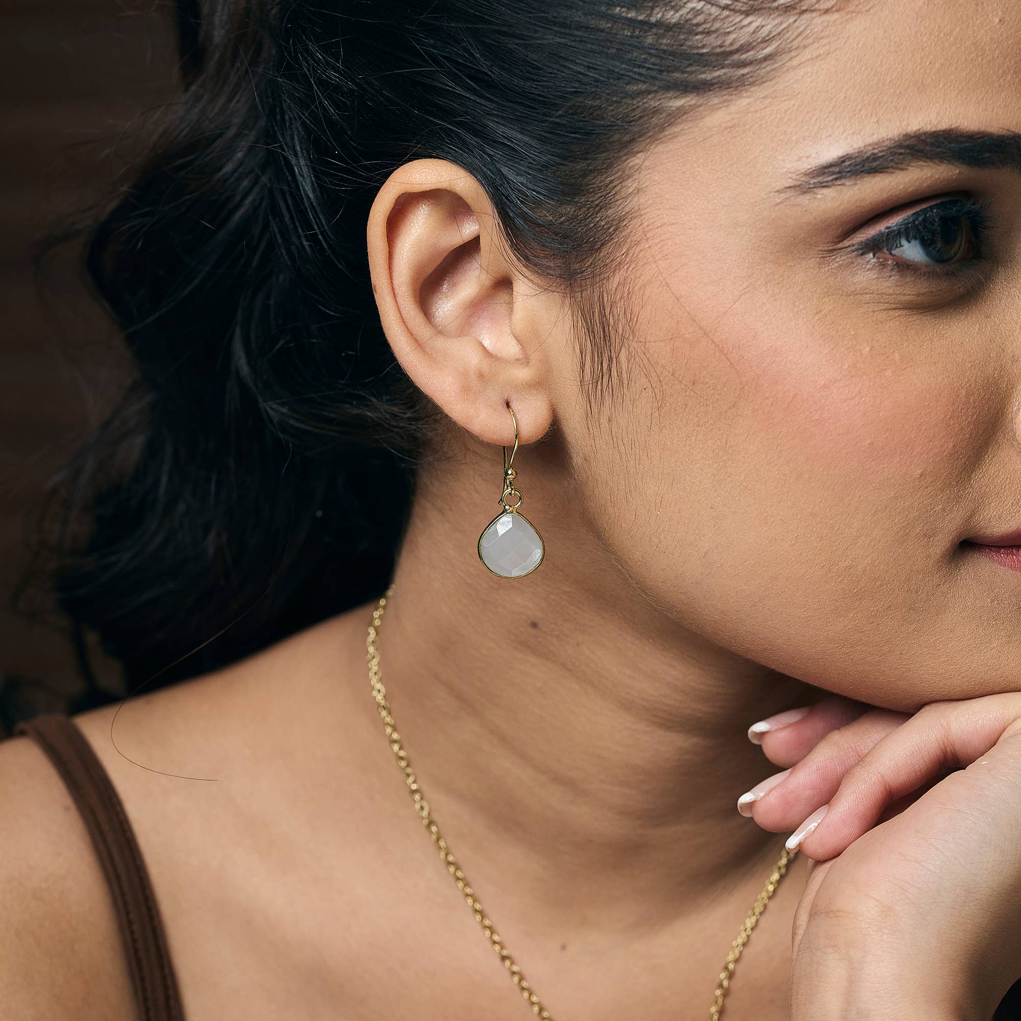 Gold Plated Earrings with Semi-Precious Stone - Moonstone