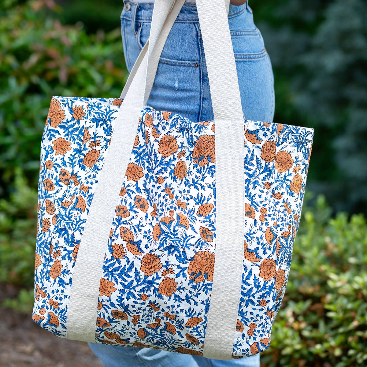 Handcrafted Canvas Bag with Block-Printed Marigold Wonders