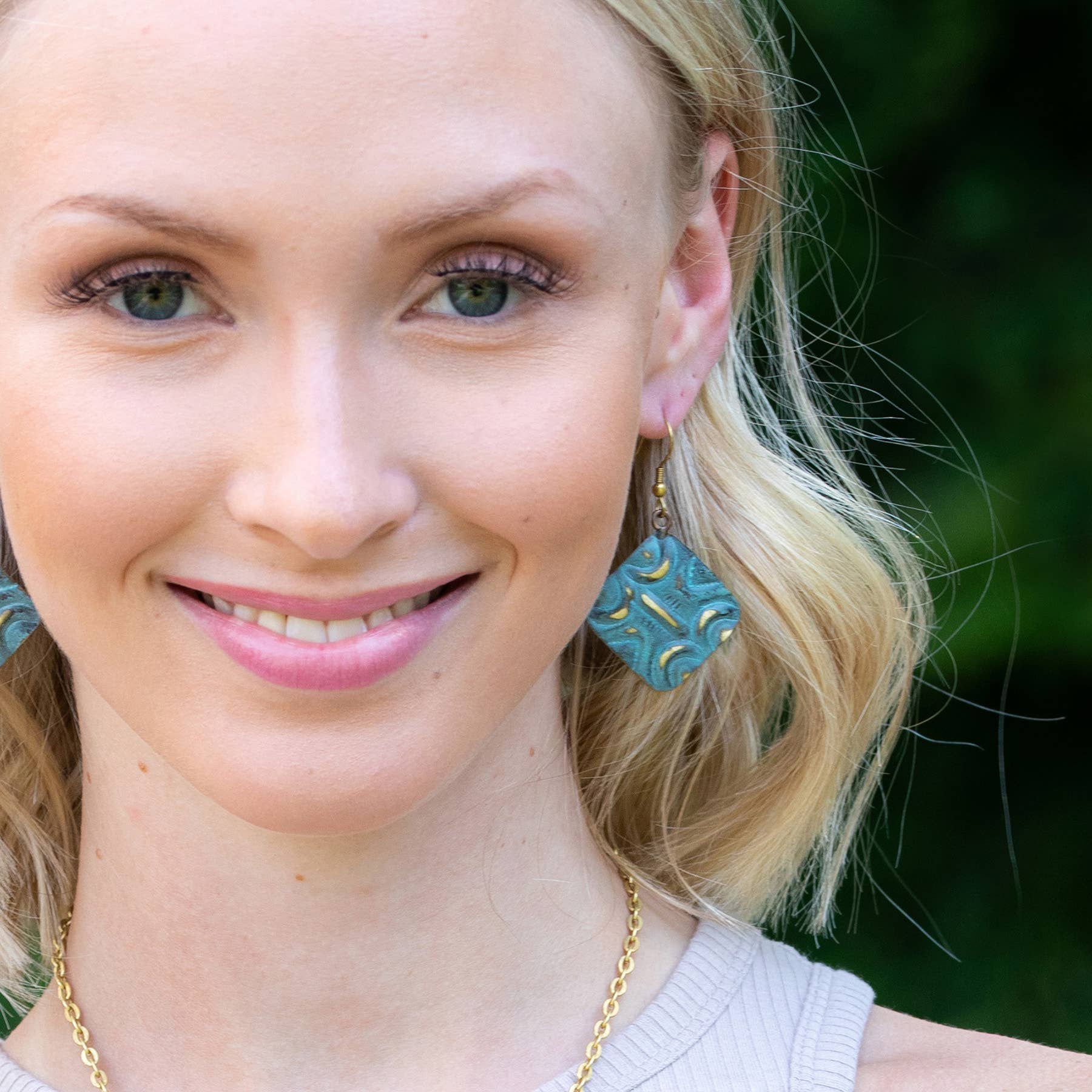 Brass Patina Earrings - Aqua Squares with Moons and Lines