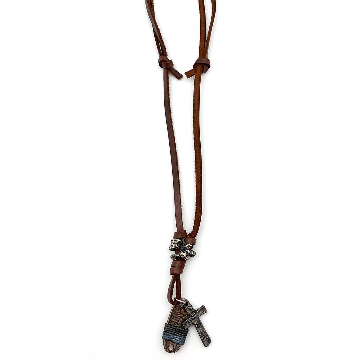 Aadi Weathered Pewter Tag and Cross Brown Leather Necklace