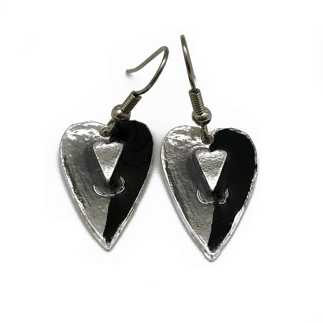 Pewter Earrings with Color Enamel - Black/Grey Heart