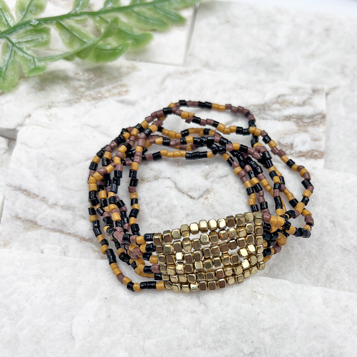 Seed Bead Stretch Statement Bracelets- Black, Brown and Tan
