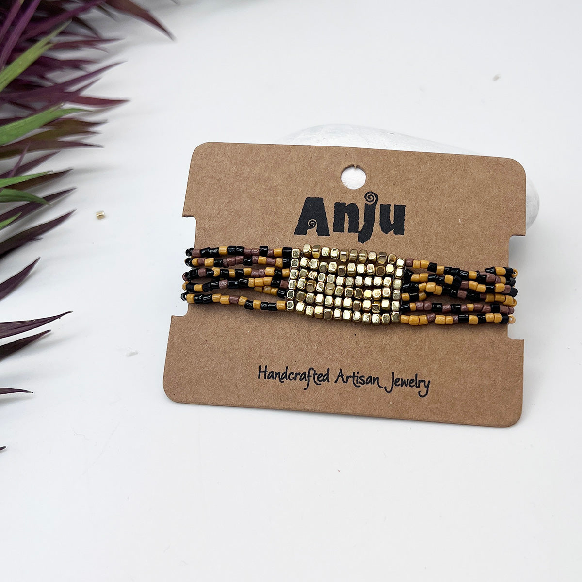 Seed Bead Stretch Statement Bracelets- Black, Brown and Tan