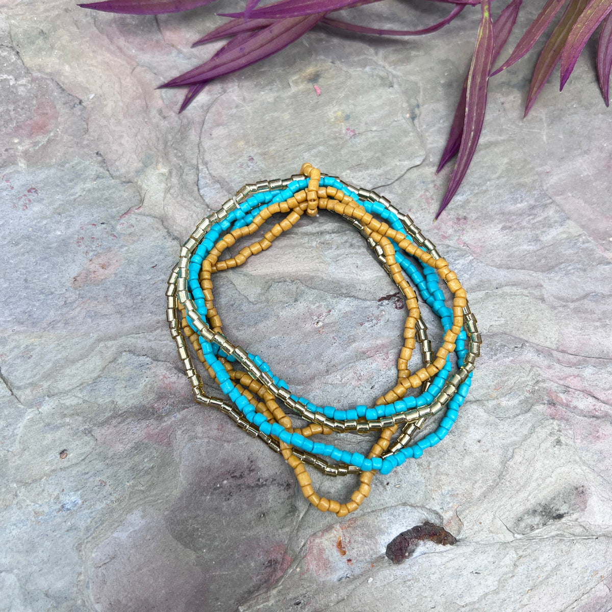 Seed Bead Stretchy Bunch Bracelets - Turquoise and Tan