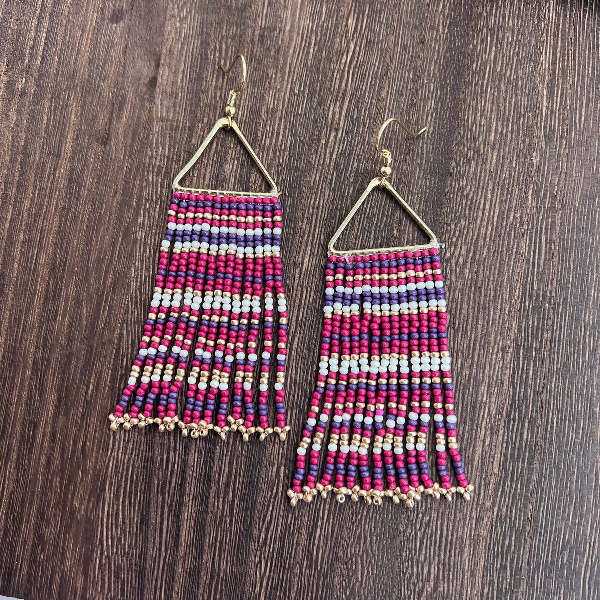 Seed Bead Color Waterfall Earrings - Purple and White