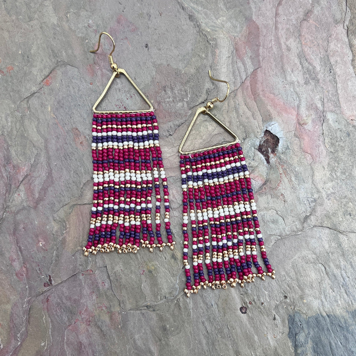 Seed Bead Color Waterfall Earrings - Purple and White