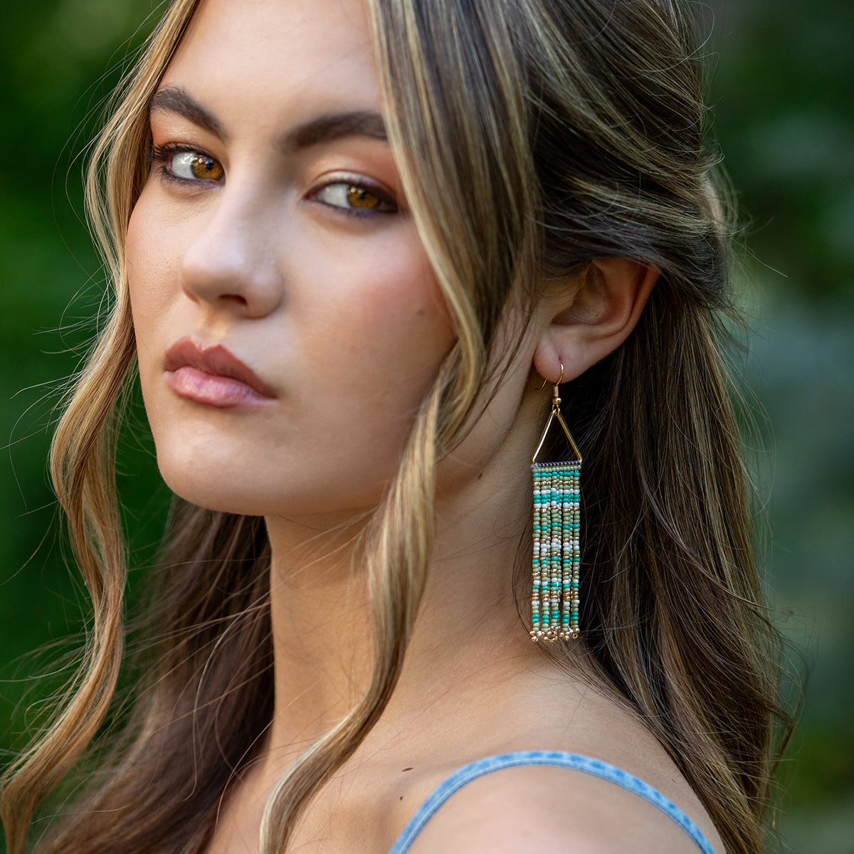 Seed Bead Color Waterfall Earrings - Sage Green