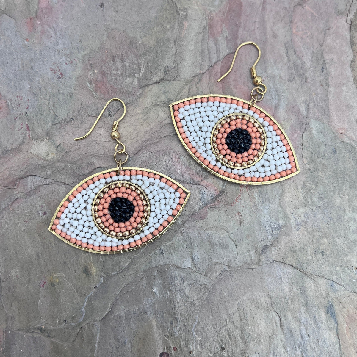Seed Bead Evil Eye Earrings - Coral
