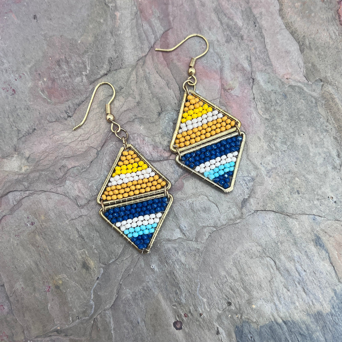 Seed Bead Layered Triangles Earrings - Yellow and Blue