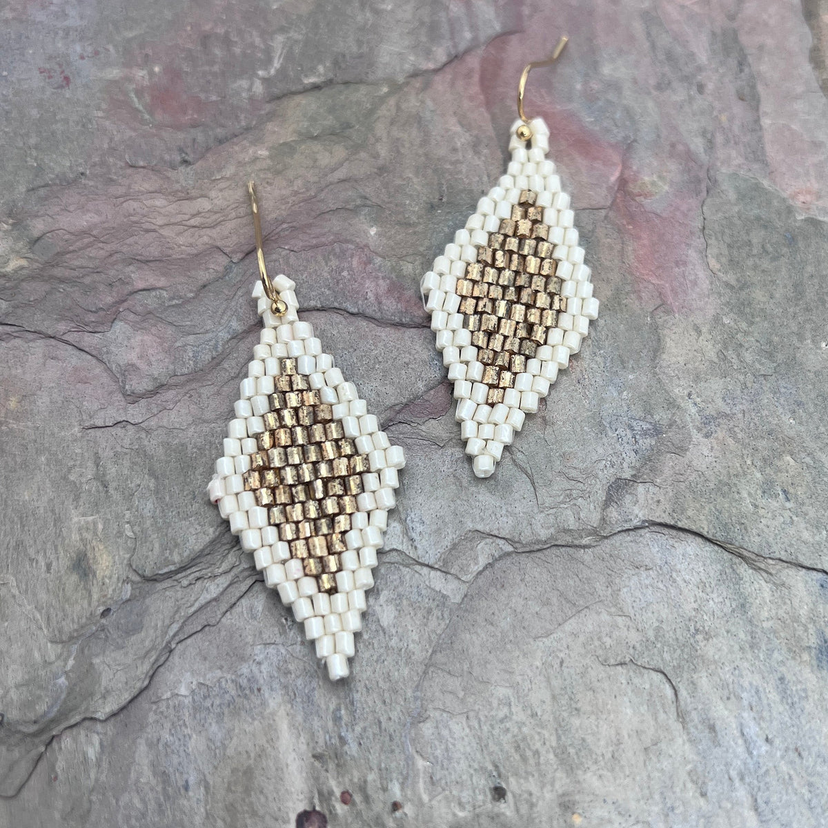 Seed Bead Diamond Shaped Earrings - White