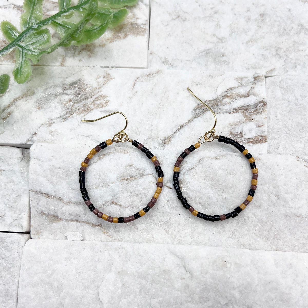 Seed Bead Hoop Earrings - Black and Mauve