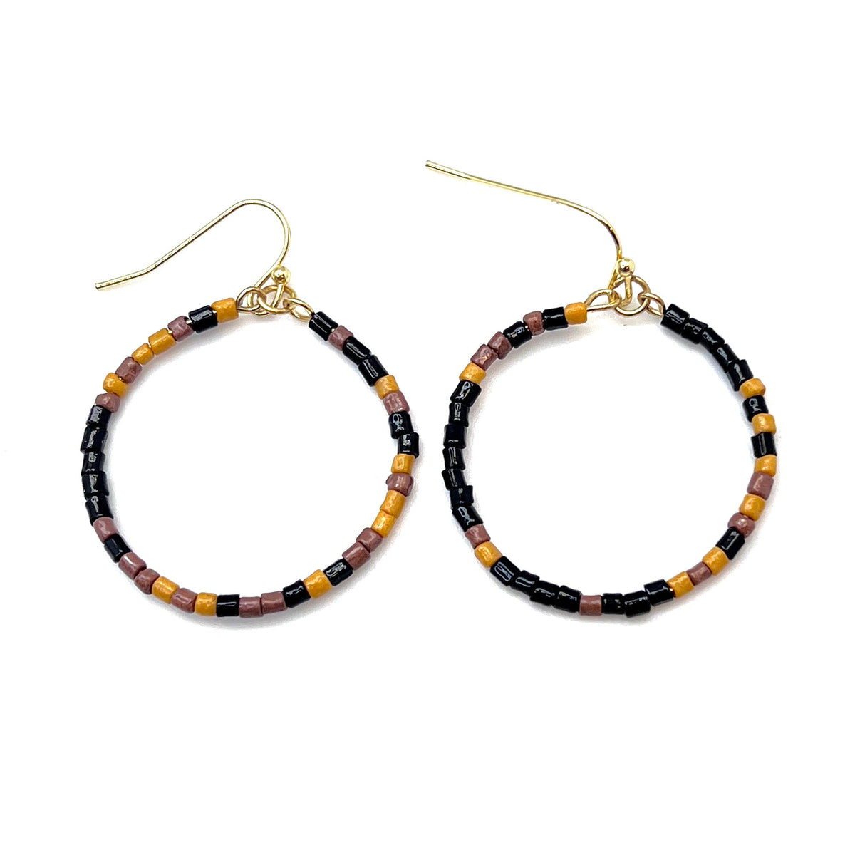 Seed Bead Hoop Earrings - Black and Mauve