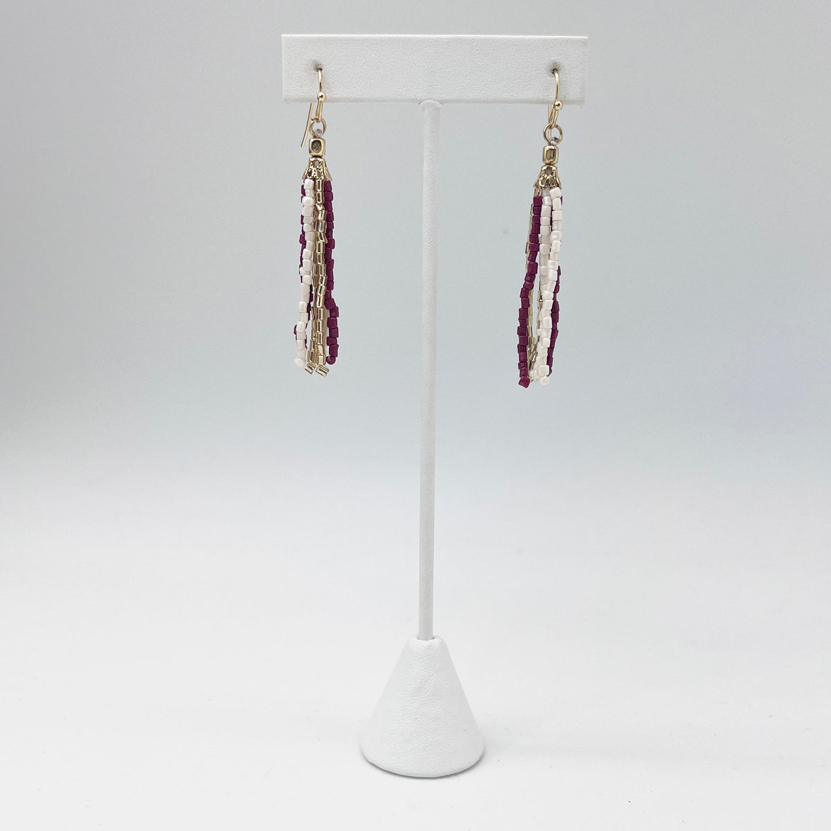 Seed Bead Simple Tassel Earrings - Burgundy and White