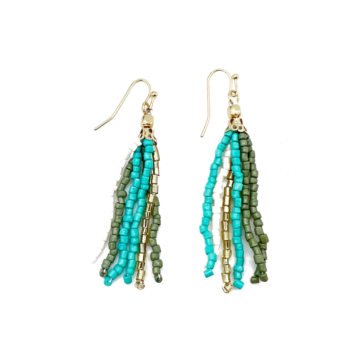 Seed Bead Simple Tassel Earrings - Turquoise and Olive