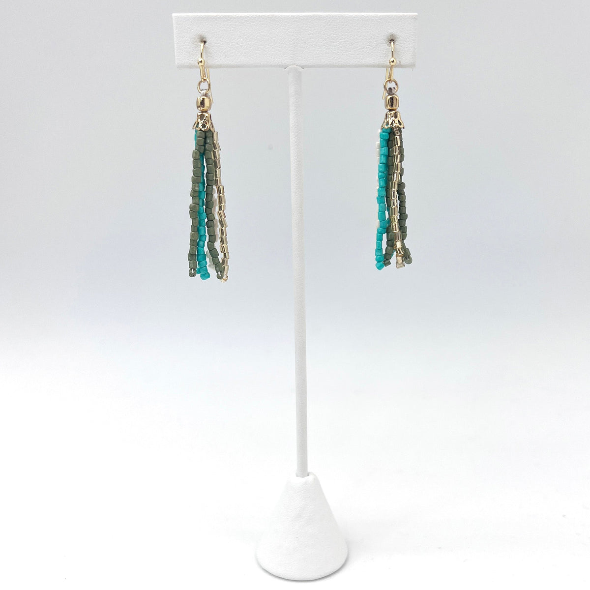 Seed Bead Simple Tassel Earrings - Turquoise and Olive