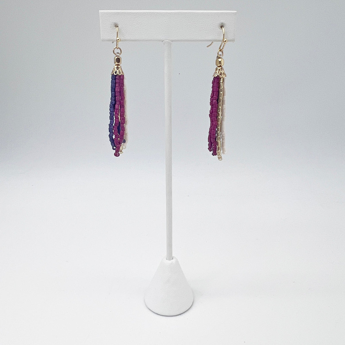 Seed Bead Simple Tassel Earrings - Purple and Blue